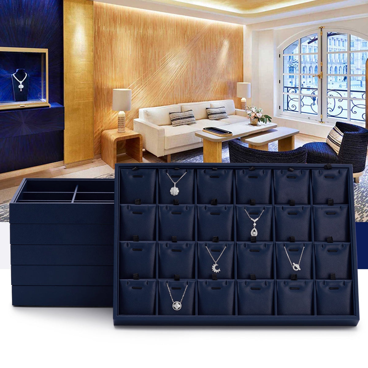 Blue PU Leather Stackable Jewelry Display Tray
