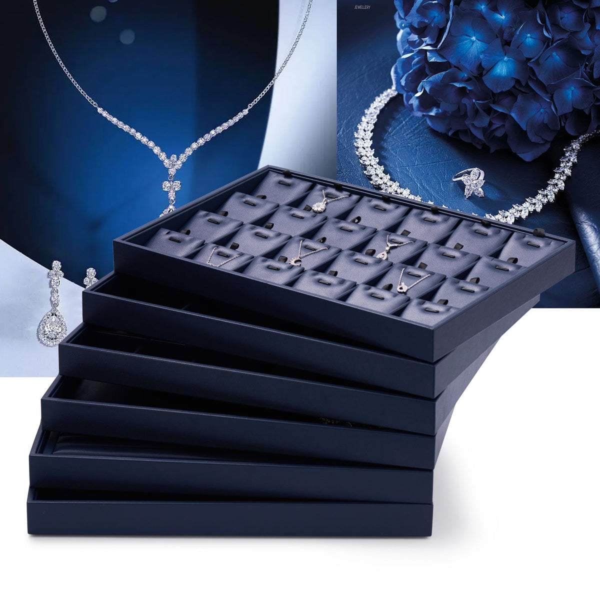 Blue PU Leather Stackable Jewelry Display Tray