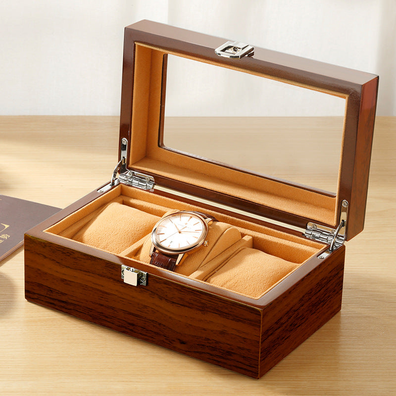 Glass-top wooden watch display box — 3 slots — view 1