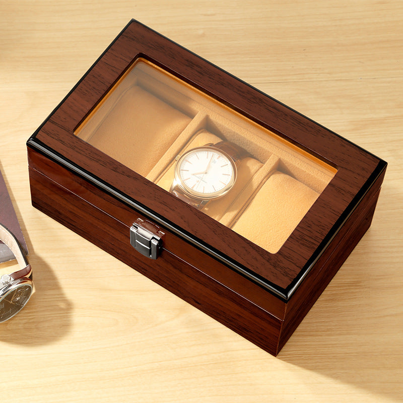 Glass-top wooden watch display box — 3 slots — view 2