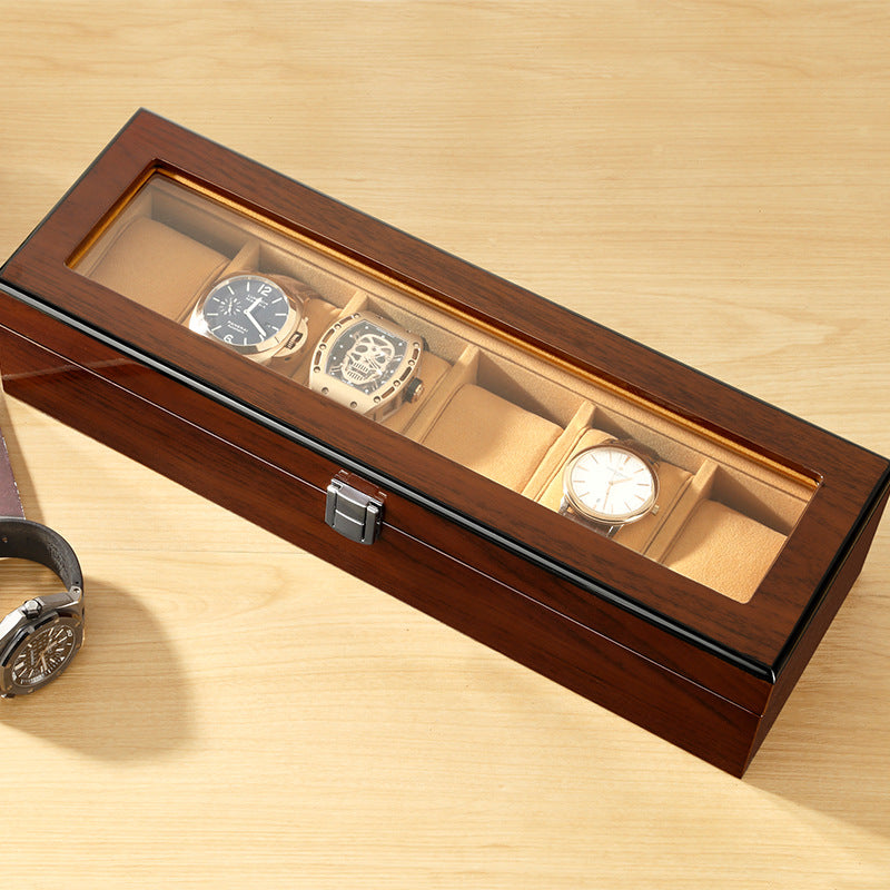 Glass-top wooden watch display box — 6 slots — view 1