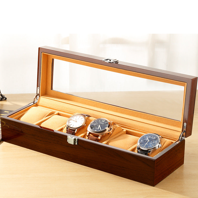 Glass-top wooden watch display box — 6 slots — view 2