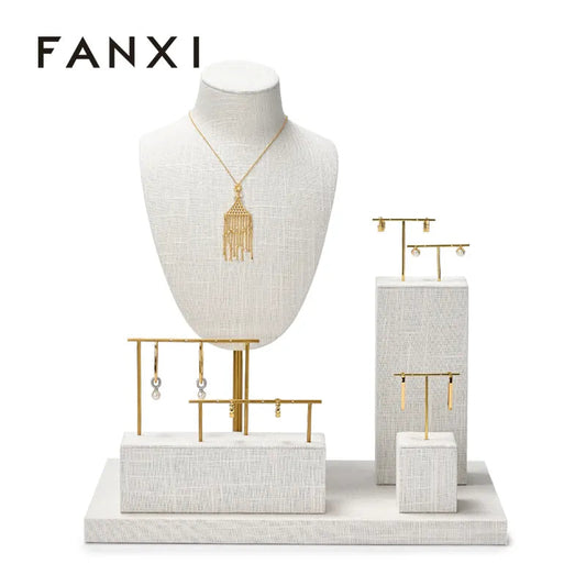 Beige Metal Linen Jewelry Display Bust
