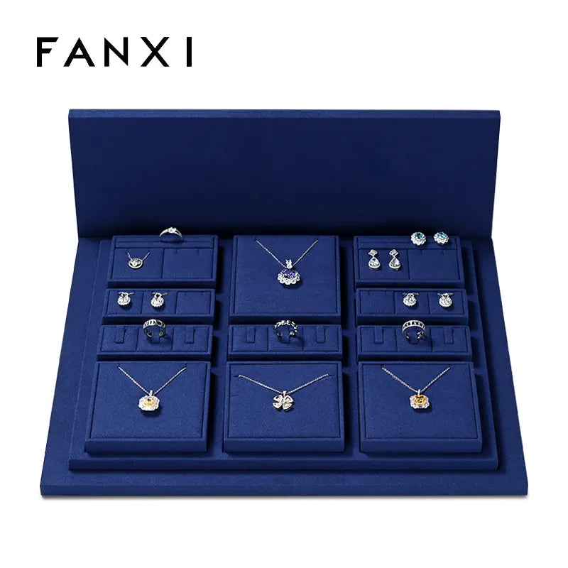 Blue Microfiber Wooden Jewelry Display Set
